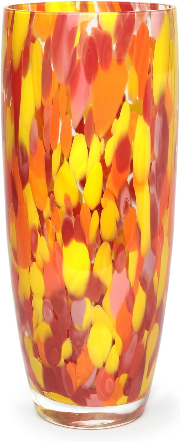 Ca D Oro Murano-Style Glass Vase Orange/Yellow Confetti Effect Hand Blown Art Glass Crystal for Flower, Room Decoration and Centerpiece - Model AD3