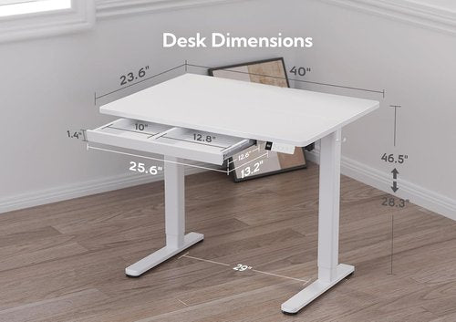 Claiks Electric Standing Desk - Adjustable Height Sit-Stand Workstation with Drawers | 40 Inch, White