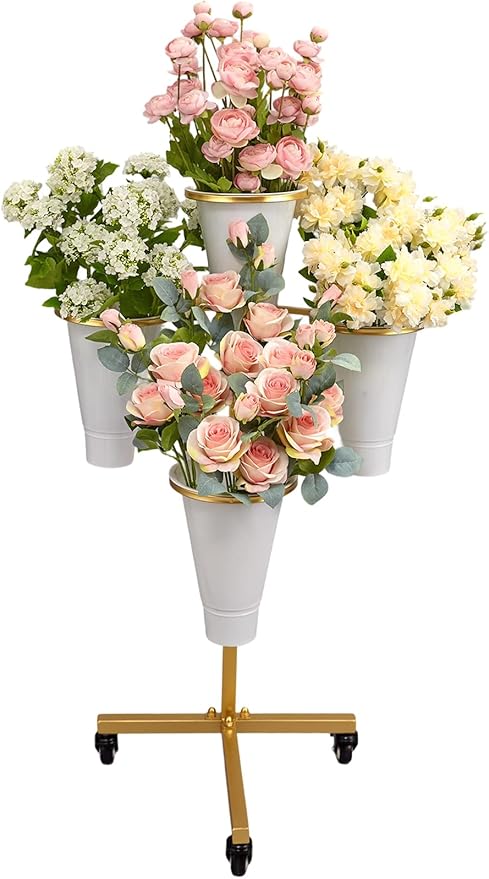 Flower Display Stand with Buckets - Flower Cart with Wheels for Bouquet Shop, Metal Flower Rack Display Stand for Wedding Garden, Party, Events (Gold, Round buckets)