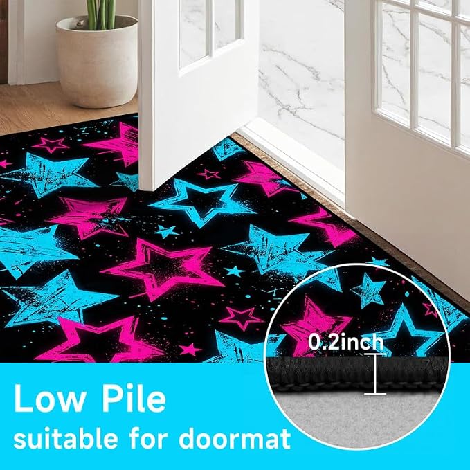 4'x6' Neon Star Area Rug Black Pink and Blue Floor Mat Abstract Star Print Rugs Washable Non-Slip Carpet for Bedroom Living Room Nursery Kitchen Playroom Home Decor