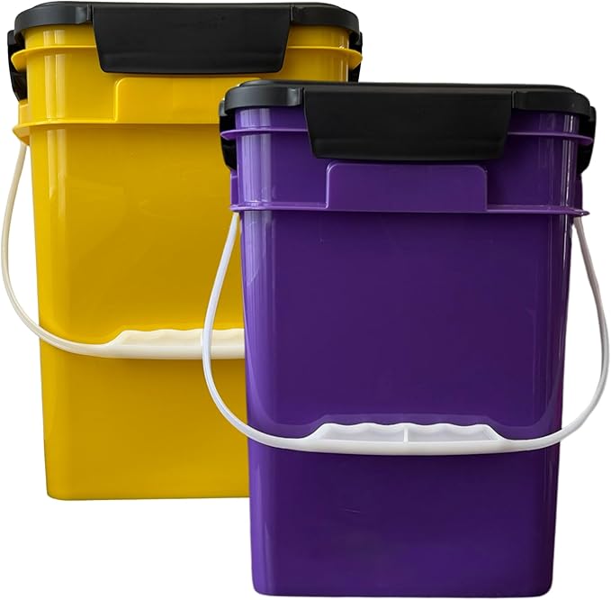 House Naturals 4 Gallon Square Food Grade Plastic Bucket with Lid, Made in USA (Pack of 2) BPA Free (Yellow/Purple)