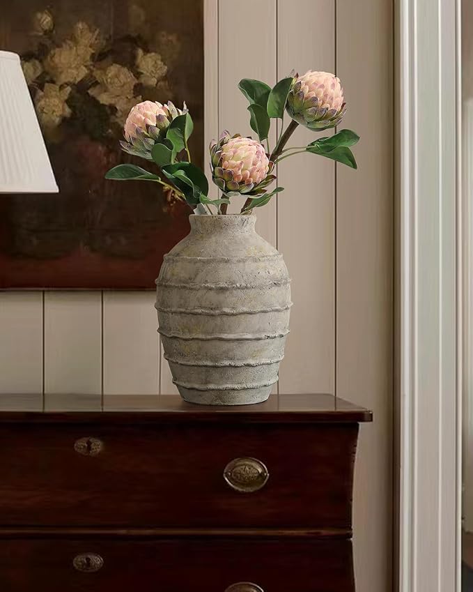 Kokrose Terracotta Vase, White Grey Rustic Farmhouse Decor, Vintage Large Pottery Clay Vase, Ceramic Flower Vases for Centerpieces, Table Top Fireplace Mantel Decor