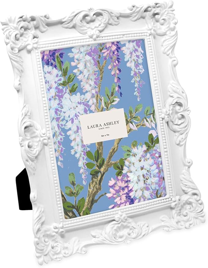 Laura Ashley 5x7 White Ornate Textured Hand-Crafted Resin Picture Frame with Easel & Hook for Tabletop & Wall Display, Decorative Floral Design Home Décor, Photo Gallery, Art, More (5x7, White)