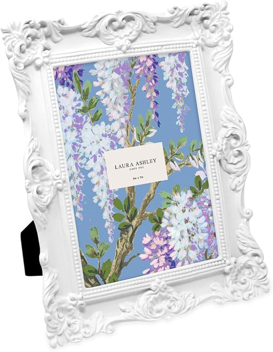 Laura Ashley 5x7 White Ornate Textured Hand-Crafted Resin Picture Frame with Easel & Hook for Tabletop & Wall Display, Decorative Floral Design Home Décor, Photo Gallery, Art, More (5x7, White)