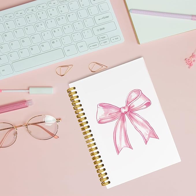 JKBMN Trendy Coquette Pink Bow Jonrnaling Notebooks, Preppy Aesthetic Spiral Notebook for Girl, Cute Pink Notebook Journal, Pink Office Supplies, Hardcover Spiral Notebooks College Ruled 5.5 x 8.3