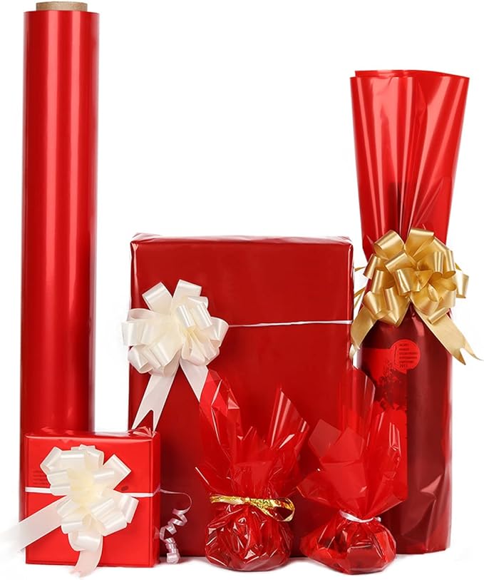 CMFYHM Red Cellophane Wrap Roll,Colorful Cello 34 In Wide X 100 Ft Long, Translucent Colored Cellophane Wrapping Paper for Gift Baskets Wrap, Treats, Holiday, DIY Arts Crafts Decoration (Red)