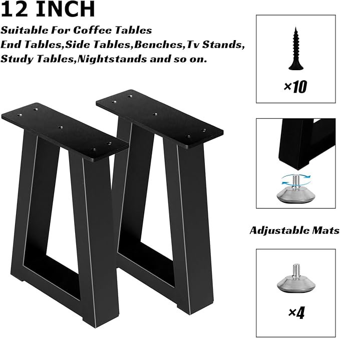 12 Inch Trapezoid Metal Table Legs, DIY Furniture Legs for Coffee Table, Bench Stool Feets Cabinet Chairs Feet Set of 2, Including Screws and Adjustable Feet Pads, Black