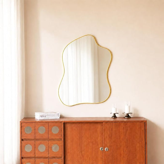 Irregular Wall Mirror Gold Wave Shaped Metal Framed Wall Mirror for Bathroom Bedroom Entryway Living Room Wall Decor 30.5" L x 23" W 2303Gold