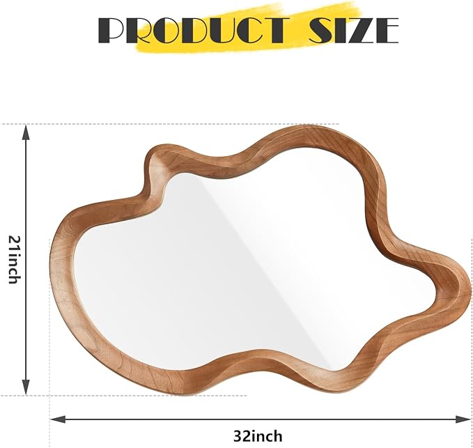 sawsile Irregular Wall Mirror,21""x 32""Asymmetrical Mirror Wood,Wooden Framed Wall Mirror,Modern Large Vanity Bathroom Mirror,Walnut Wavy Mirror for Entryway,Bedroom,Living Room,Washroom, Brown a