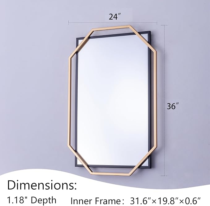 Modern Bathroom Mirror, 36" x 24" Black and Gold Decorative Wall Mirror with Modern Octagonal Metal Frame, for Living Room, Dining Room, Entryway