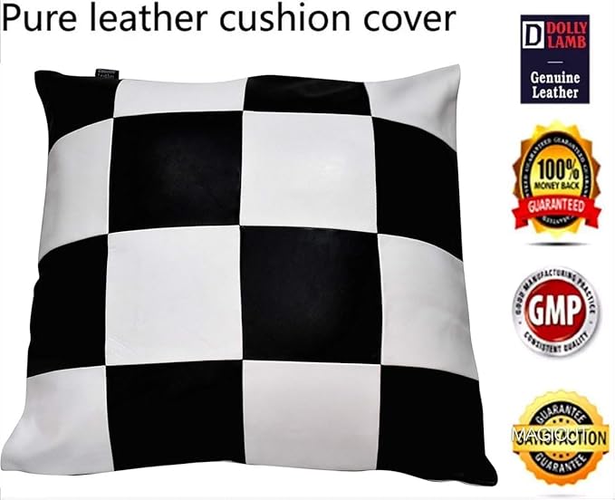 D DOLLY LAMB Lambskin Leather Pillow Cover - Sofa Cushion Case - Decorative Throw Covers for Living Room & Bedroom, 20x20 Inches - Check White & Black Pack of 1