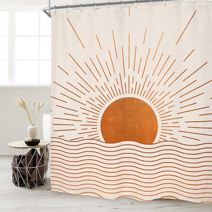 Miyotaa Abstract Sun Shower Curtain Set 60Wx71H Inches Burnt Orange Sunrise Sunset Mid Century Retro Vintage Minimalist Aesthetic Waterproof Bathroom Curtain with 12 Hooks