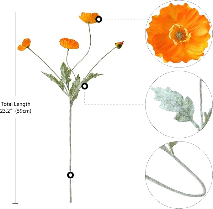 6PCS Orange Poppies Artificial Flowers Faux Poppy Silk Orange Flowers with Long Stems for Home Table Office Fall Outdoor Indoor Baby Shower Halloween Arrangements