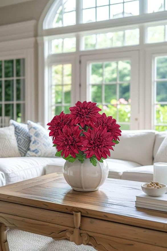 Hollyone Red Artificial Dahlia Flowers Bush Fake Fall Flowers Artificial for Decoration Outdoor Indoor 7 Heads Silk Faux Dahlias Flower Bouquets Arrangements Centerpieces Fall Decorations for Home