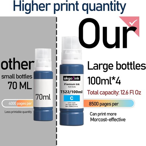 Epson Compatible 522 Ink Refill Bottles - Black Color Replacement (6 Pack, 600ml) for ET-2800, ET-4800, ET-2750