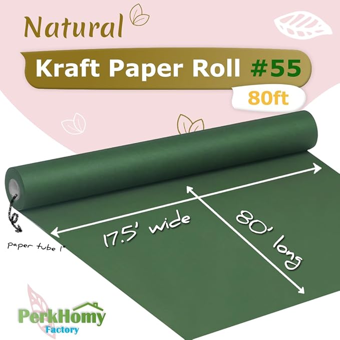 PerkHomy Dark Green Kraft Paper Roll 17.5" x 960" (80') for Gift Wrapping Bouquet Flower Art Painting Craft Writing Packaging Shipping 80GSM 55LB (Dark Green, 17.5" x 80')