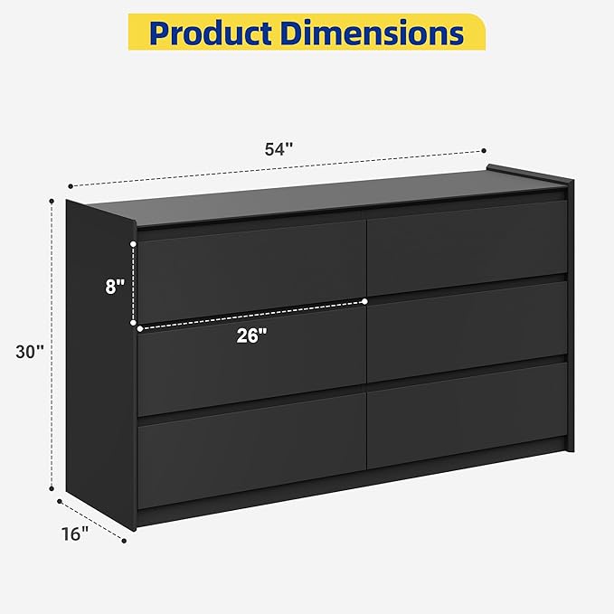 Black Dresser for Bedroom, 54" Wide Chest of Drawers, Simply Modern 6 Drawer Storage Organizer for Closet, Hallway, or Living Room