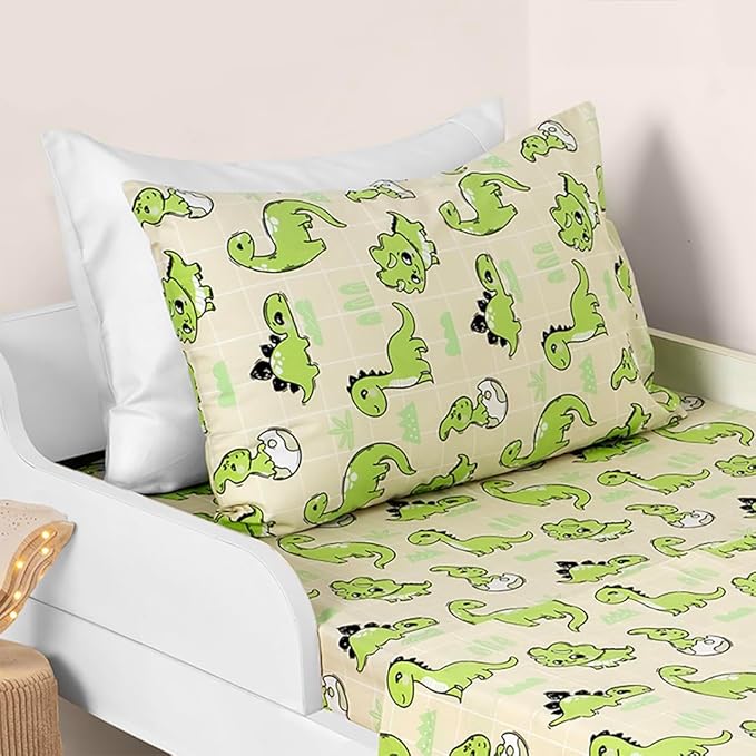 Salt Earth 100% Cotton 210TC Kids Bedsheet, Twin Sheets Set for Toddler Bed, 3 Piece Bedding Set Including Flat Sheet, Fitted Sheet, and Pillowcase, Themed Cute Sheets for a Playful Kids Bed (Dino)