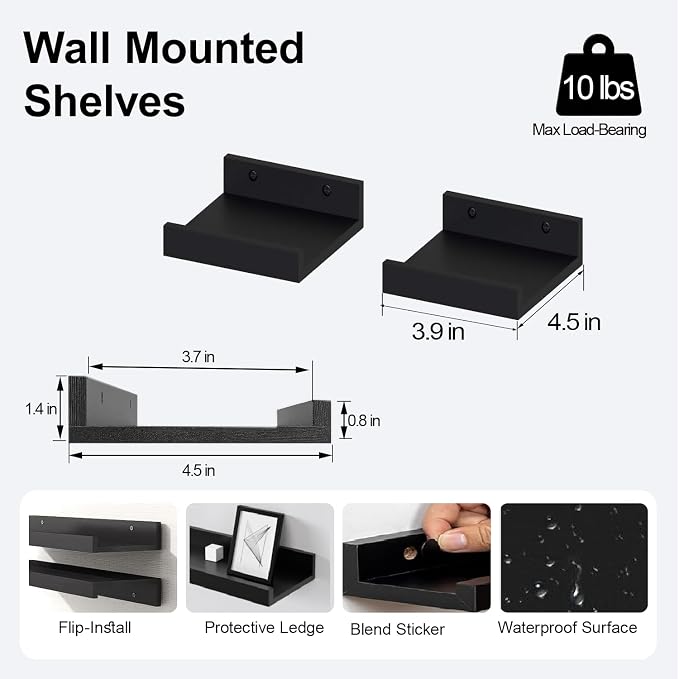 Small Black Floating Shelves for Wall Decor, Wall Mounted Wood Shelf for Bedroom, Living Room, Bathroom, Kitchen, Nursery, Mini Display Ledge Shelf with Lip Set of 2-4 Inches, Black