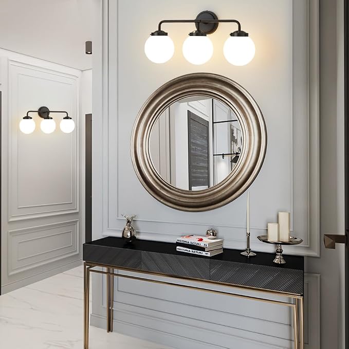Black Bathroom Light Fixtures Over Mirror, 22.4'' 3-Light Modern Vanity Lighting with Milk White Glass Globe Shade Wall Sconce