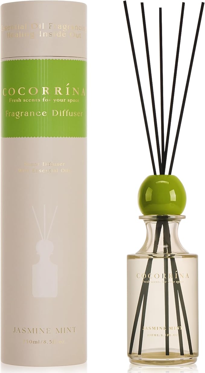COCORRÍNA Jasmine Mint Reed Diffuser 8.5 oz, Home Fragrance Oil Diffuser with 6 Reed Sticks, Long-Lasting Scent for Bathroom, Bedroom & Home Décor