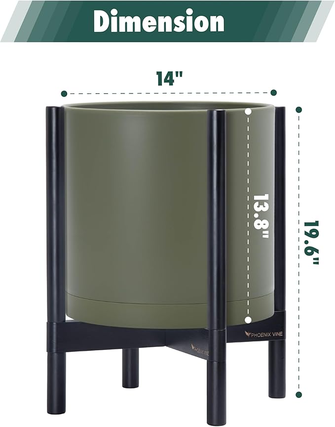 D'vine Dev Planter Pot with Stand - 14 Inch Plastic Cylinder Flower Pot with Wood Planter Holder for Indoor, Olive Pot + Ebony Stand, 55-C-T-3