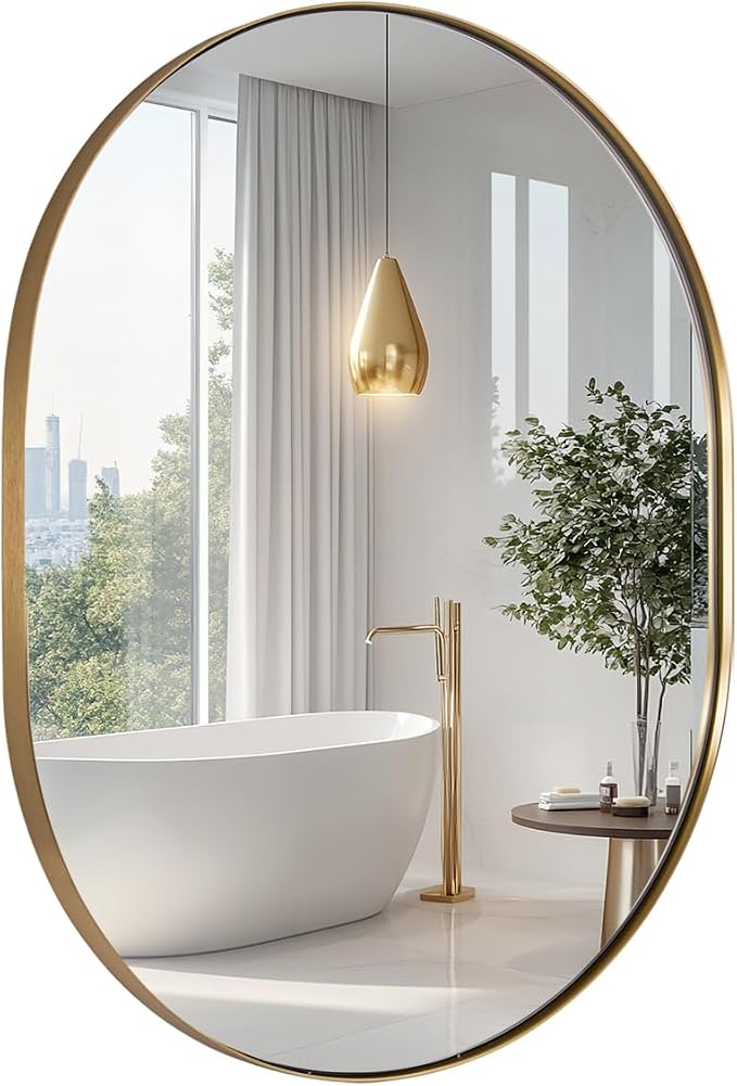 ANDY STAR Oval Bathroom Mirror, 24x32’’ Gold Oval Mirror Pill-Shaped Design in Stainless Steel Metal Frame for Bathroom, Entryway, Living Room, Contemporary 1" Deep Wall Mount Vertical or Horizontal
