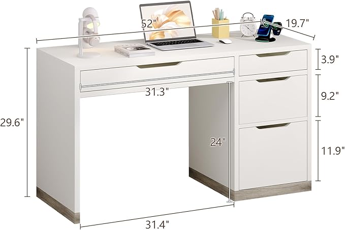 52 Inch White Desk with Drawers, Small Desk with Storage for Kids, Study Worksation with Filing Cabinet and 4 Drawers for Bedroom