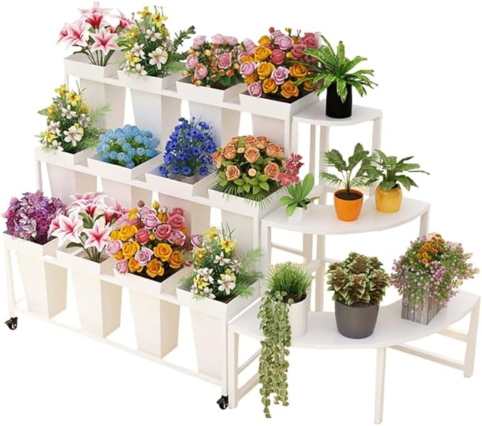 Flower Display Stand with 12pcs Bucket,Heavy Duty Plant Stand with Wheels,33in Tall Flower Cart 3 Tier Flower Shelf for Florist Garden Patio (White)