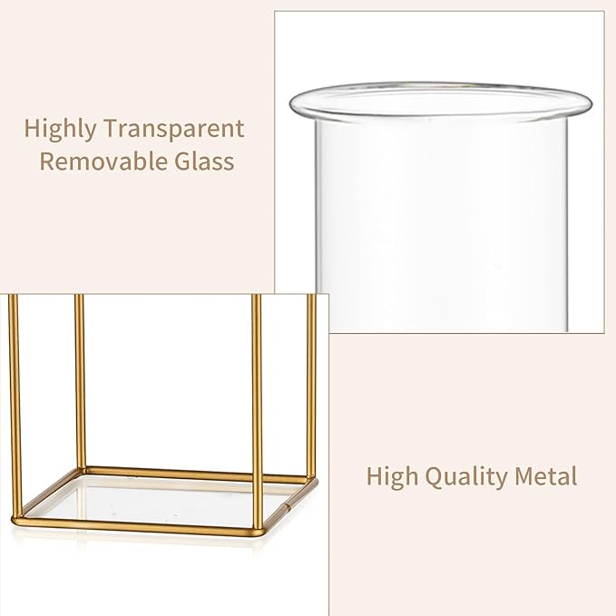 Sziqiqi Metal Flower Vase Table Decor - Gold Frame Vase with Glass Test Tubes 8"/10" Modern Bud Vase for Coffee Table Living Room Abstract Geometric Art Vase for Rose Hydroponic Plant Pampas
