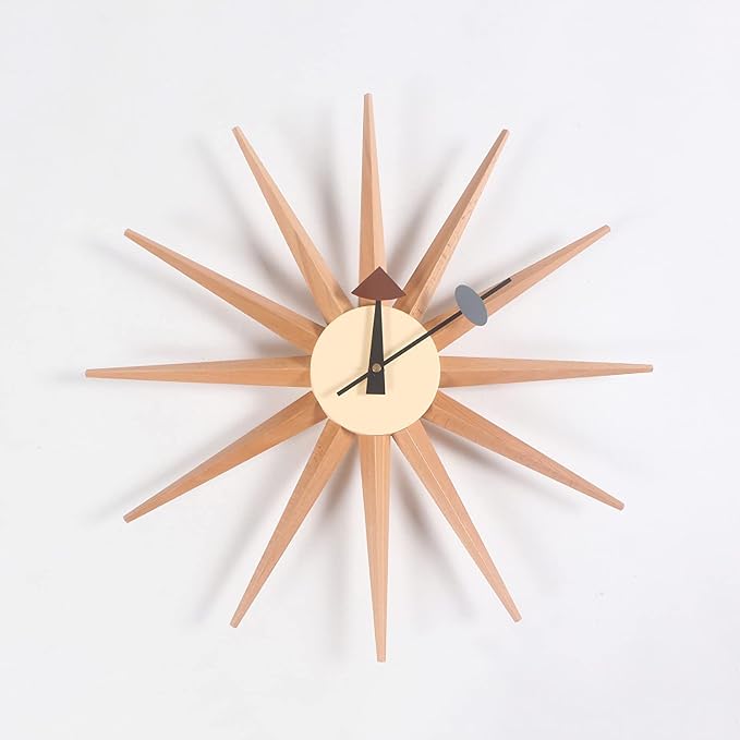 SHISEDECO Modern Art Sunburst Clock in Natural Color, Non Ticking Wooden Mid Century Retro Design Decorative Silent Wall Quartz Clocks for Home, Kitchen, Living Room, Office and Bedroom etc.