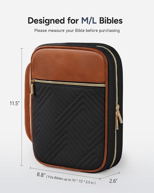 BellaHold Quilted Vegan Leather Bible Cover - Color-Blocked Case for Women | Large Size with Handle (Black & Brown)