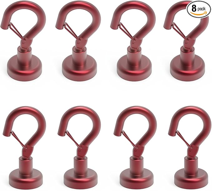 Ant Mag Magnetic Hooks Heavy Duty with Snap 22lbs Strong Red Magnet Hooks Great Hanging for Refrigerator, Cruise Cabin, Grill, Wreath,Kitchen,Office 8 Pack