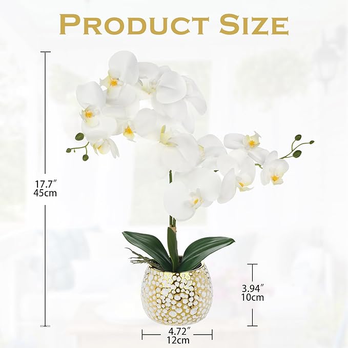 Briful Orchid Artificial Flowers 17.7in White Orchid Silk Flower with Gold Pot Faux Orchid Arrangement for Home Office Bathroom Kitchen Shelf Table Centerpiece Decoration