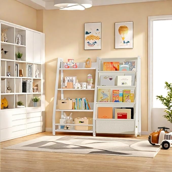 4 Tier Kids Bookshelf Toddler Bookshelf and Toy Storage Organizer, Bookcase Nursery Book Shelf for Bedroom, Playroom and Nursery, White