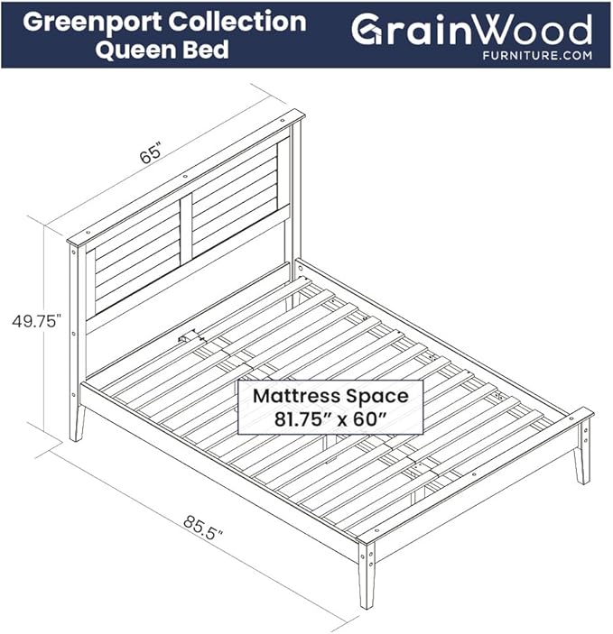 Grain Wood Furniture Greenport Solid Wood Platform Bed, Queen Size, Brushed Grey