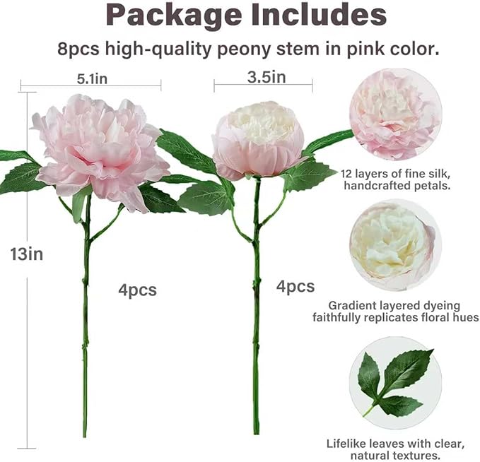 Premium Pink Peonies Artificial Flowers, Fake Silk Peony Flowers with Stems, Faux Florals for Wedding Bridal Bouquets, Floral Arrangements, Table Centerpieces, Home Decorations