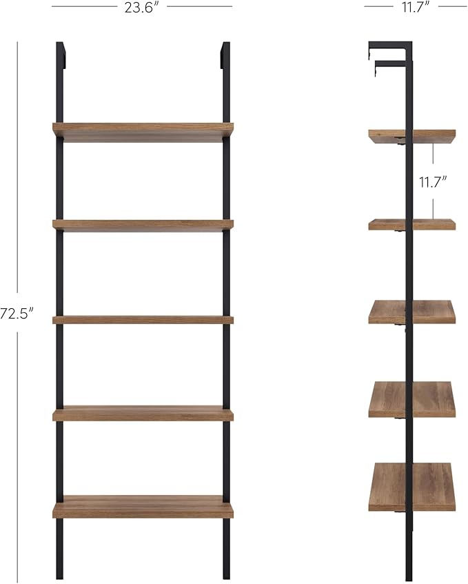 Nathan James Theo 5-Shelf Wood Modern Bookcase, Open Wall Mount Ladder Bookshelf with Industrial Black Metal Frame, Reclaimed Oak, Set of 2