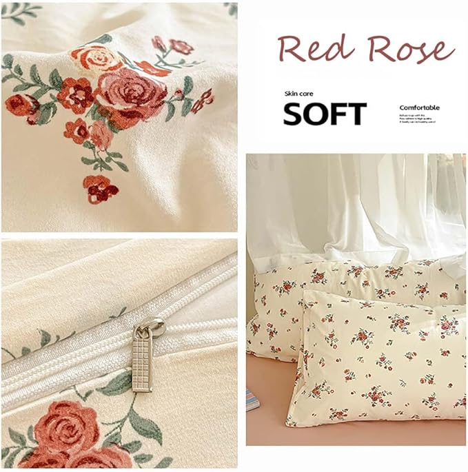 Nayoroom Vintage Floral Duvet Cover Full Size Red Rose Flower Green Botanical Cottagecore Bedding Set 3 Pieces Soft Lightweight Washed Microfiber Spring Duvet Cover Gifts for Women Girls