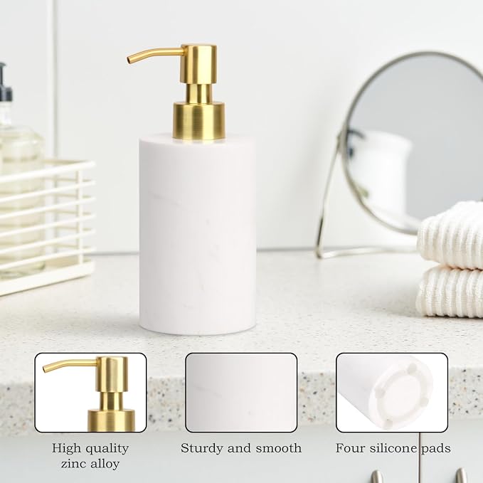 Natural Marble Soap Dispenser for Bathroom and Kitchen Countertop - 5.41 Ounces Hand Lotion and Liquid Stone Shampoo Laundry Bottle with Pump (1, White, Cylindrical Bottle)