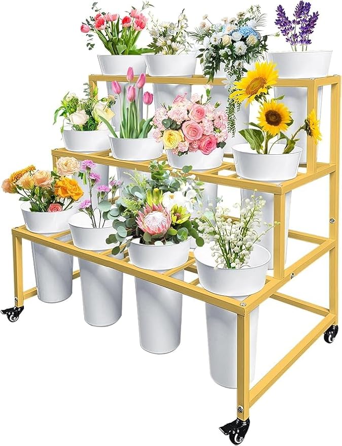 PROLEE Flower Display Stand with 12 Buckets, Flower Cart 3 Layers, Flower Stand Metal with Wheels, Moving Florist Bouquet Shelf, Rectangular Rack (Gold)