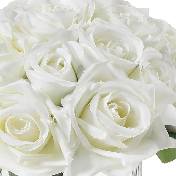18PCS Artificial Rose Fake Flowers in Vase, Faux Floral Arrangement with Vase for Dining Table Bedroom Wedding Decor (Cream)