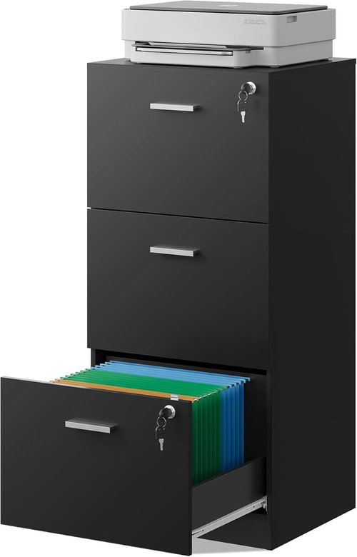 DEVAISE 3 Drawer File Cabinet - Lockable Vertical Wood Filing Cabinet for Home Office - Black