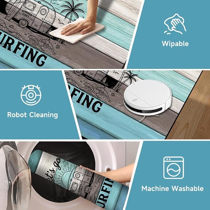 Surfing Area Rug Beach Van Palm Tree Carpet Retro Wood Grain Striped Rugs Non Slip Washable Floor Mat for Bedroom Living Room Nursery Playroom Classroom Home Decor,4'x6'