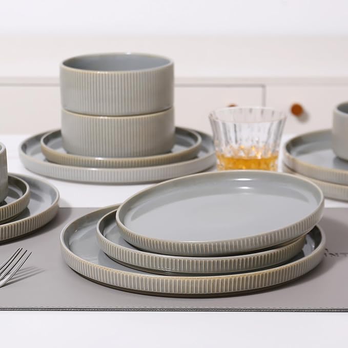MONITO Ceramic Dinnerware Sets for 4, 12PCS Stoneware Plates and Bowls Sets, Reactive Glaze Dish Set, Chip and Scratch Resistant Double, Microwave and Dishwasher Safe, Sage Mist