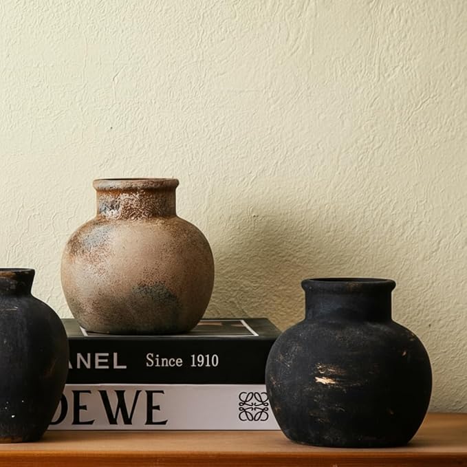 Vintage Ceramic Vases, Distressed Black and Beige, Rustic Farmhouse Decor, Handmade Textured Design for Living Room, Mantel, Coffee Table,Fireplace,Kitchen (Black)