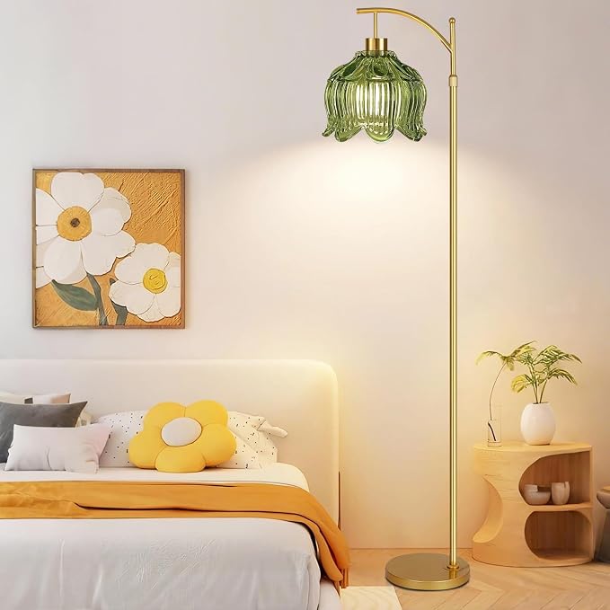 ILLMTW Glass Floor Lamp for Living Room,Bedroom,Gold Mid Century Modern Standing Lamp with Remote,Dimmable Brass Tall Lamp Vintage Tulip Green Arc Flower Floor Light Boho Bohemian