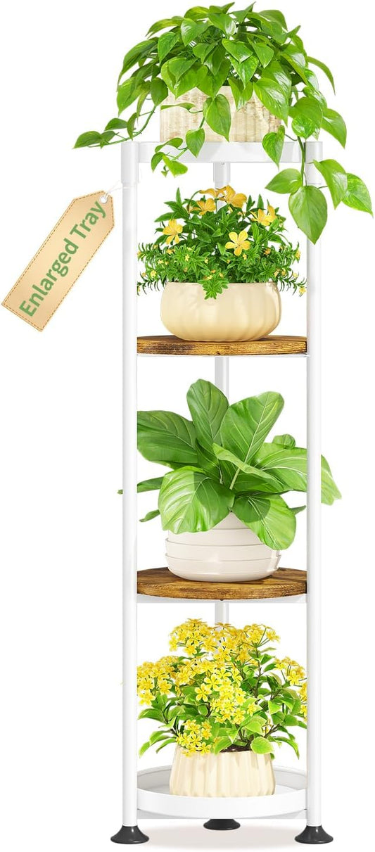 KMOTASUO 4 Tier White Plant Stand Indoor for Large Tall Heavy Duty Planter, Multiple Sturdy Metal Flower Corner Rack for Narrow House Floor, Iron Vertical Level Round Orchi Holder Organizer, Modern