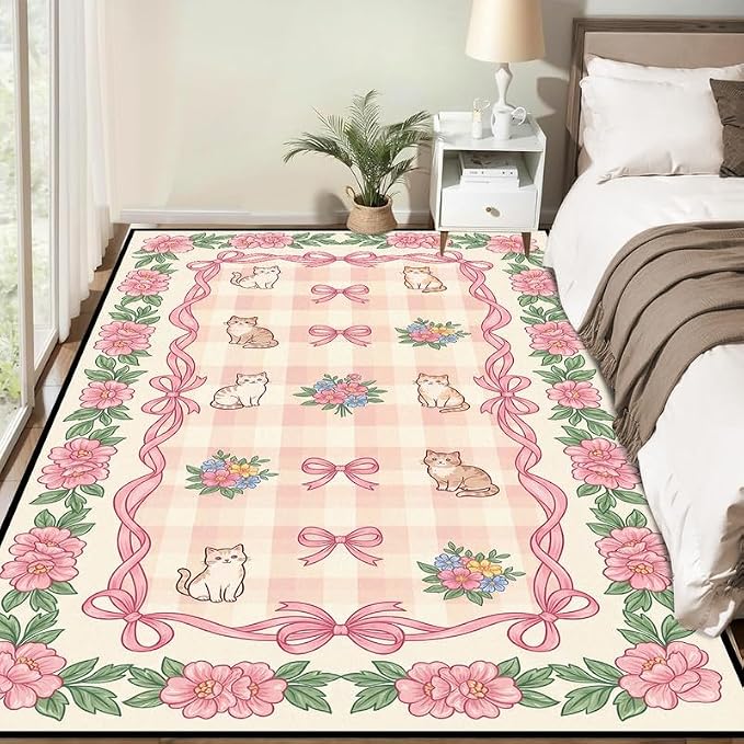 3'x5' Cat Floral Area Rug Pink Bow Flower Carpet Washable Rug Cute Cartoon Boho Floor Mat for Entryway Bedroom Living Room Nursery Playroom Classroom Home Decor