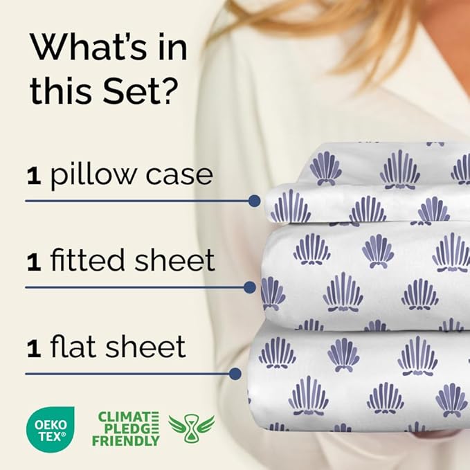 Coastal Bed Sheets - 1 Flat & 1 Fitted Sheet & 1 Pillowcase w/ Deep Pockets - Cozy, Wrinkle & Fade Free Beach Themed Bed Set - Blue Sea Shell Bedding - Ultra-Soft, Breathable & Cooling - Twin Size